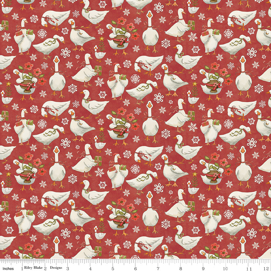 Teresa Kogut Waddle's Christmas Waddle's Toss Red – Tossed Geese & Snowflakes – C19291-RED – 50% Deposit May 2027 Preorder
