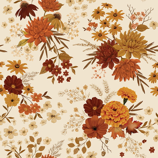 Acorn & Amber Fall Floral Bouquets in Cream Yardage by Sandy Gervais | June 2027 Preorder | 50% Deposit