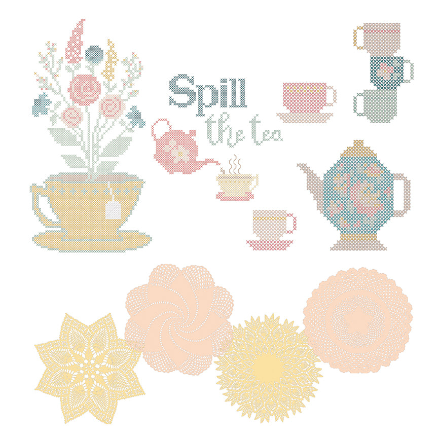 Tea Party Cross Stitch Assets by Bev McCullough | Machine Embroidery USB | November 2026 Preorder | 50% Deposit