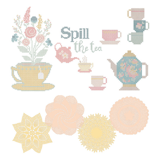 Tea Party Cross Stitch Assets by Bev McCullough | Machine Embroidery USB | November 2026 Preorder | 50% Deposit