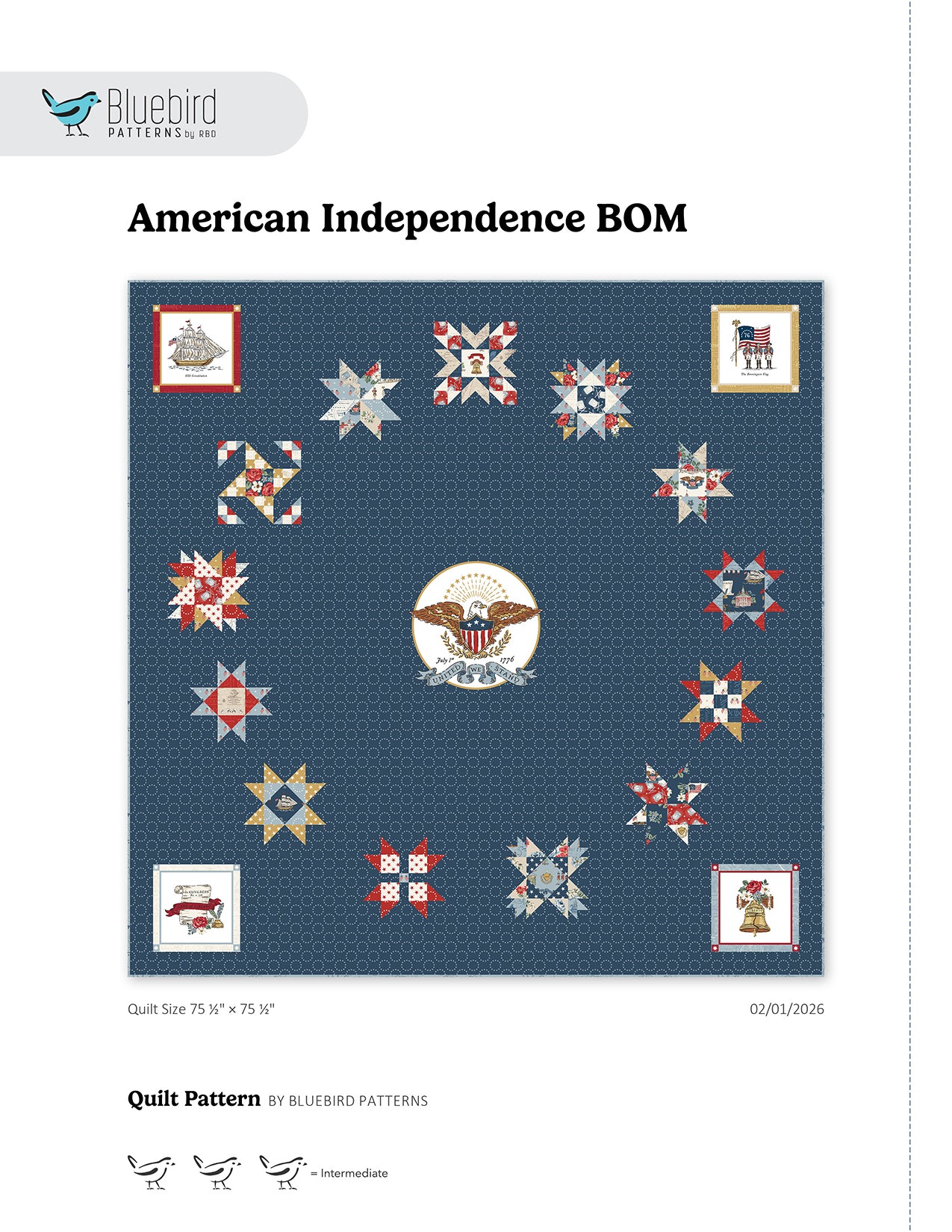 American Independence Block of the Month Quilt Pattern by Bluebird Patterns