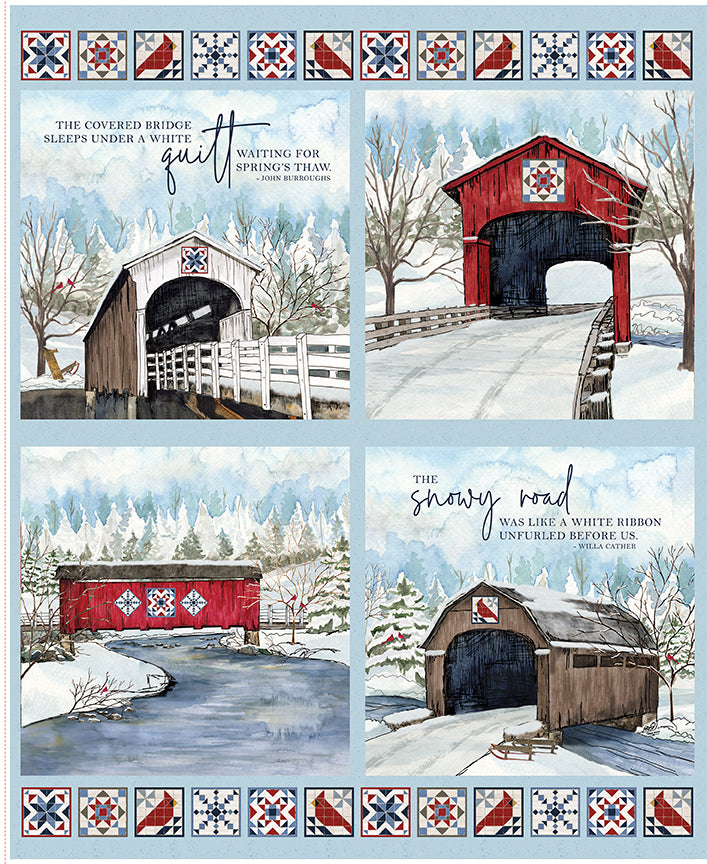 Covered Bridges in Winter Patchwork Panel by Tara Reed – 35.5